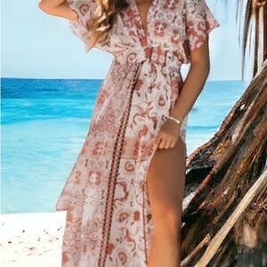 Peach Color Boho Print Deep V Kimono Sleeves Beach Dress with Split
